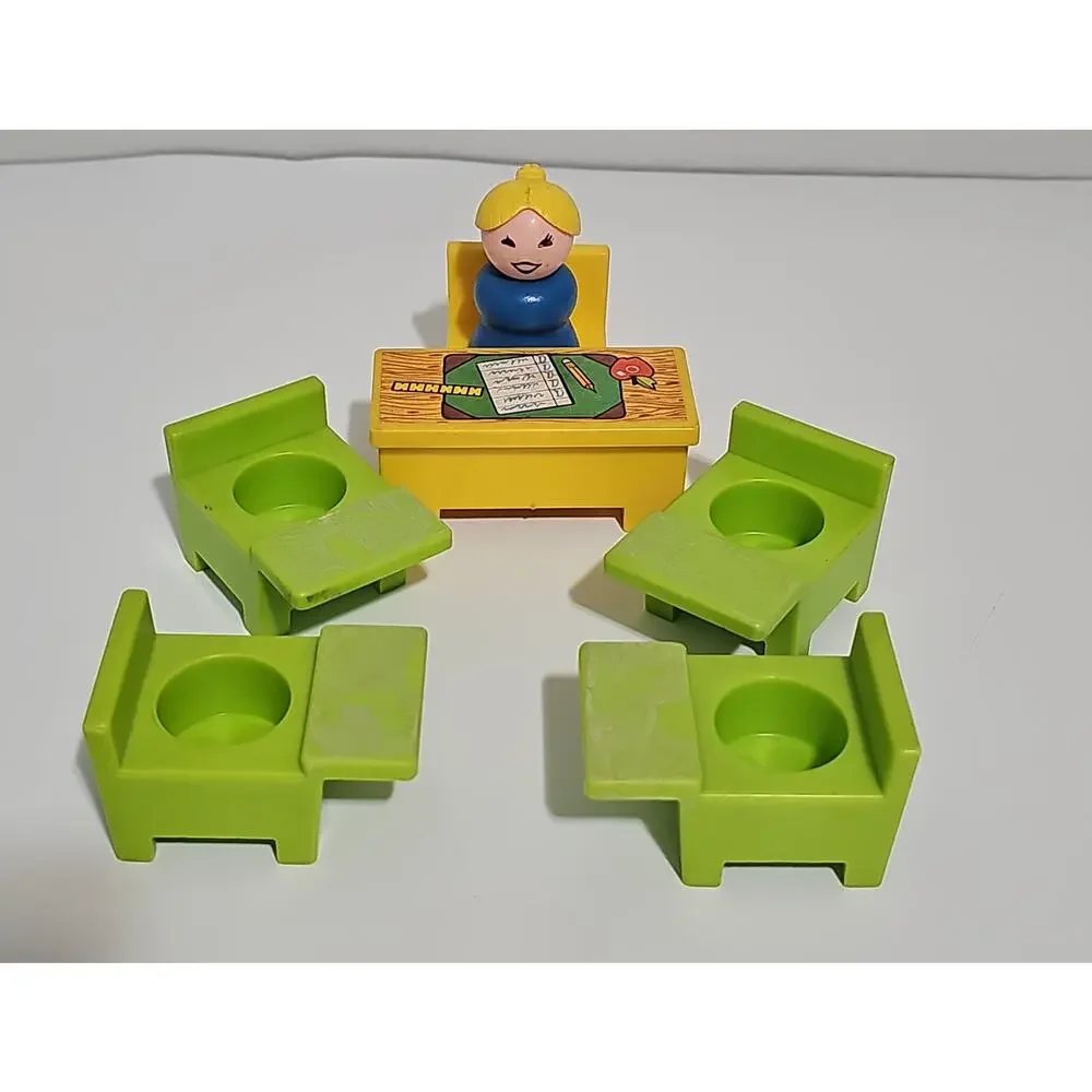 Vintage Fisher Price Little People School Set Teacher Desk Chair Student Desk